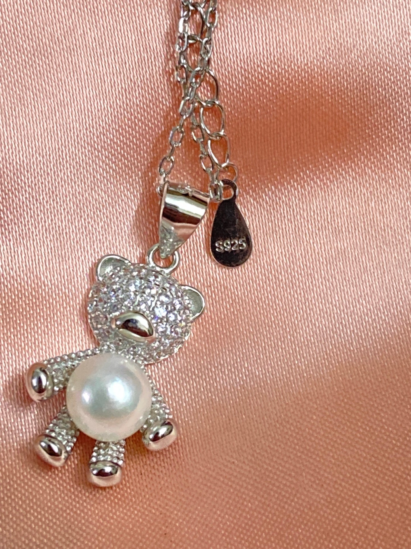 Pearl Teddy Pendant | 92.5 Pure Stamped Sterling Silver | With AD Work