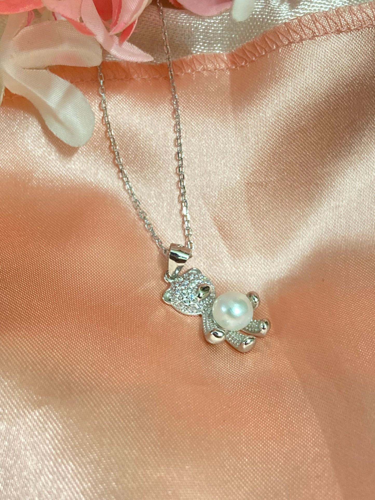 Pearl Teddy Pendant | 92.5 Pure Stamped Sterling Silver | With AD Work