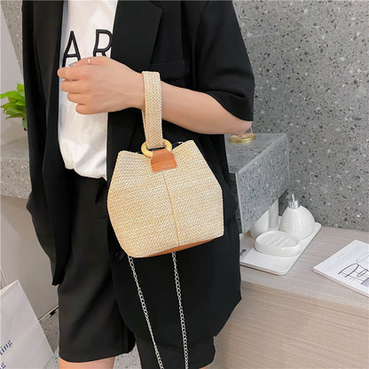 2020 New Trendy Crossbody Bucket Bag Small Fresh Handbag Student Woven Bag Forest Beach Straw Bag Women