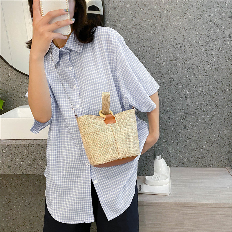 2020 New Trendy Crossbody Bucket Bag Small Fresh Handbag Student Woven Bag Forest Beach Straw Bag Women