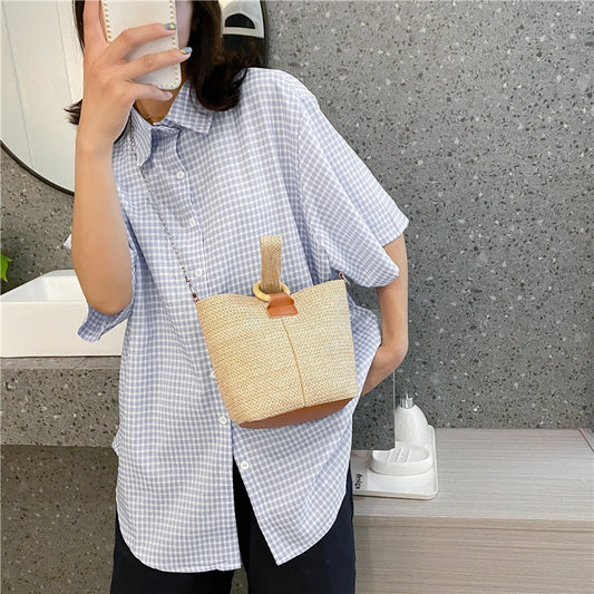 2020 New Trendy Crossbody Bucket Bag Small Fresh Handbag Student Woven Bag Forest Beach Straw Bag Women