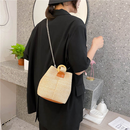 2020 New Trendy Crossbody Bucket Bag Small Fresh Handbag Student Woven Bag Forest Beach Straw Bag Women