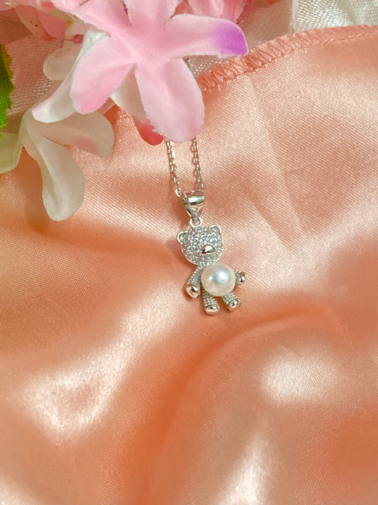 Pearl Teddy Pendant | 92.5 Pure Stamped Sterling Silver | With AD Work