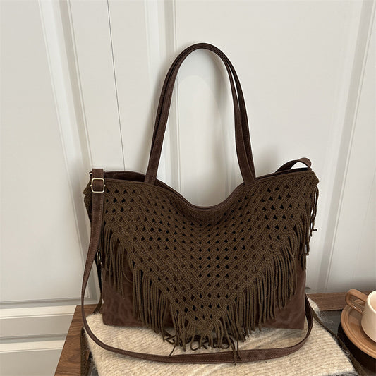 2025 New Retro Tassel Bag Women's Hollow Handwoven Bag Beach Bag Senmeng Women's Shoulder Tote Bag