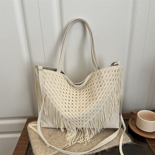 2025 New Retro Tassel Bag Women's Hollow Handwoven Bag Beach Bag Senmeng Women's Shoulder Tote Bag