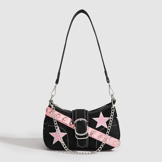 Sweet Cool Spice Girl Premium Underarm Bag Niche Design Denim Shoulder Bagel Bag Spliced Color Pink Star Bag